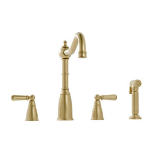 Stockwell Old English Brass 4 Hole Mixer Tap with Metal Lever Handles and Side Spray