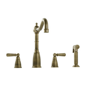 Stockwell Patinated Brass 4 Hole Mixer Tap with Metal Lever Handles and Side Spray