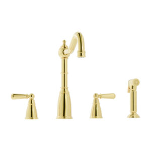 Stockwell Polished Gold 4 Hole Mixer Tap with Metal Lever Handles and Side Spray